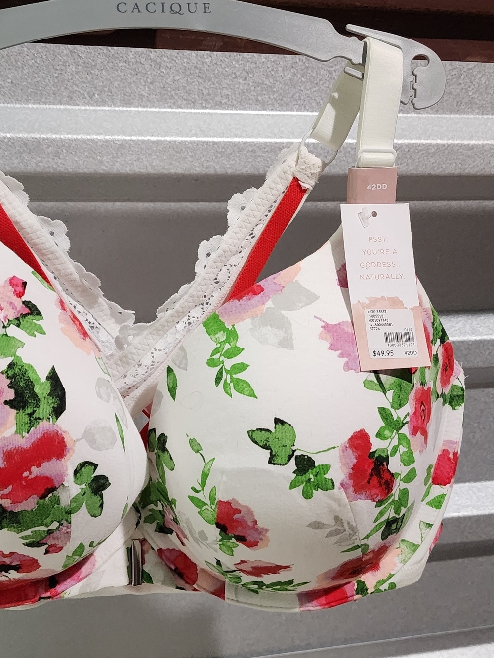 Cacique Cream Floral Molded T-Shirt Bra with Red & Green Accents
